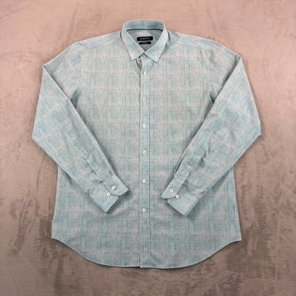 BUGATCHI Shaped Fit Performance Shirt in Blue Geometric Men Large Stretch NWOT